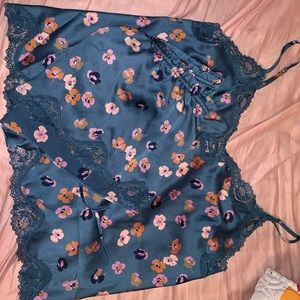 VS Dark Blue Floral Satin Tank PJ Set